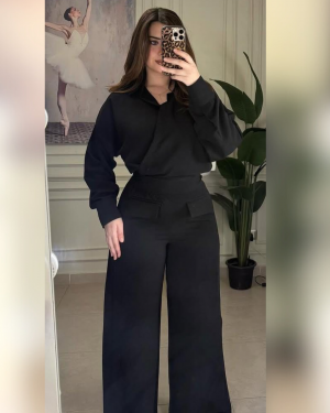 Ensemble Femme Élégant – Chemise & Pantalon Taille Haute - Noir