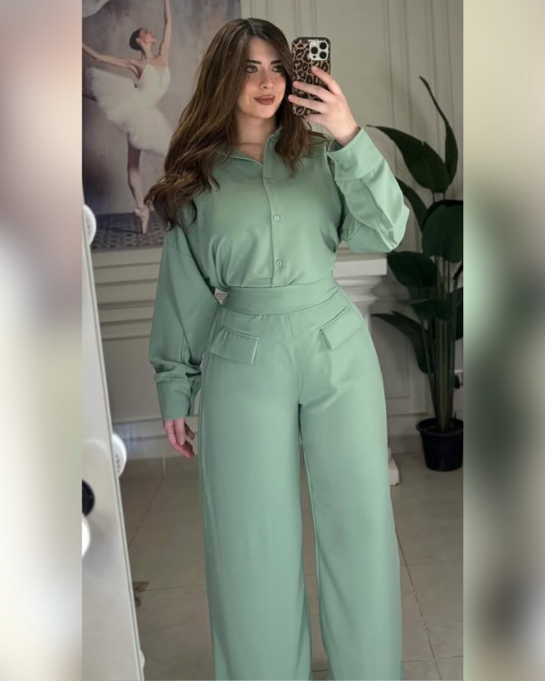 Ensemble Femme Élégant – Chemise & Pantalon Taille Haute - vert – Image 3