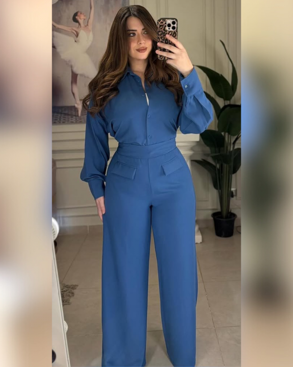 Ensemble Femme Élégant – Chemise & Pantalon Taille Haute - vert – Image 4