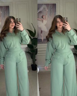 Ensemble Femme Élégant – Chemise & Pantalon Taille Haute - vert