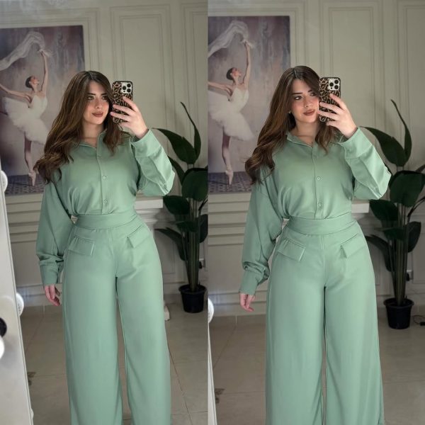 Ensemble Femme Élégant – Chemise & Pantalon Taille Haute - vert