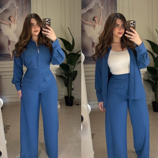 Ensemble Femme Élégant – Chemise & Pantalon Taille Haute